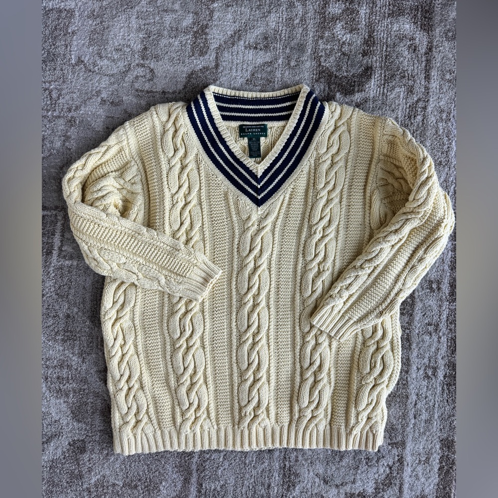 Lauren Ralph Lauren Cream Cable Knit V-Neck Sweater with Navy Trim